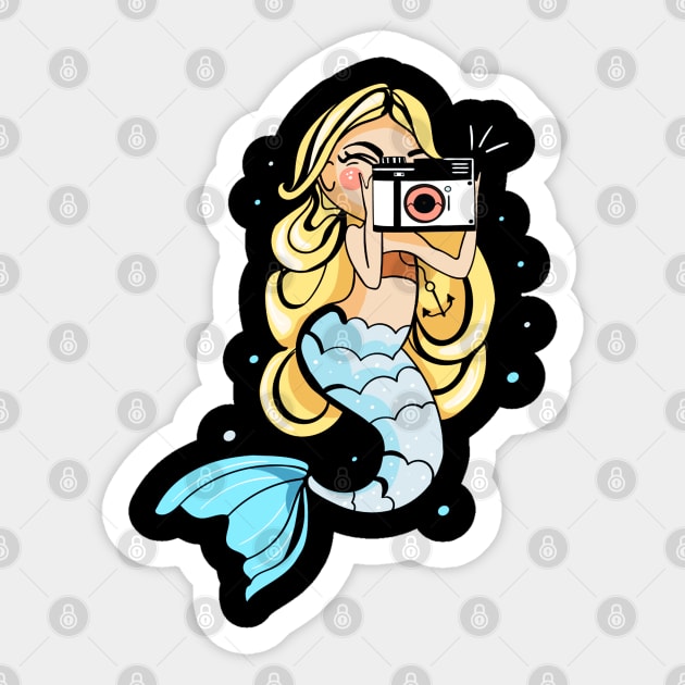 Cute Beautiful Mermaid Taking Photo Artwork Sticker by Artistic muss